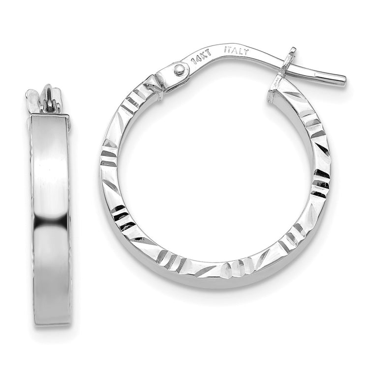14K White Gold 3x20mm Polished with Diamond-Cut Edge Tube Hoop Earrings