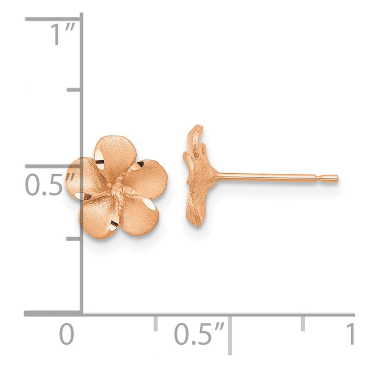 14k Rose Rhodium with Yellow Gold Post Satin Diamond-cut Plumeria Earrings