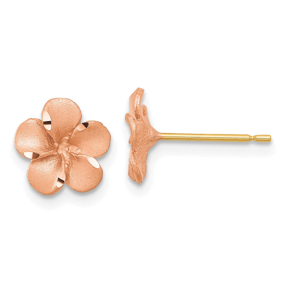 14k Rose Rhodium with Yellow Gold Post Satin Diamond-cut Plumeria Earrings