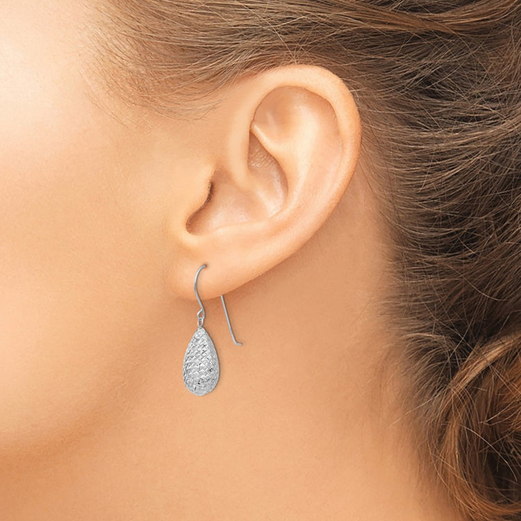 14k White Gold Textured Puffed Teardrop Dangle French Hook Earrings