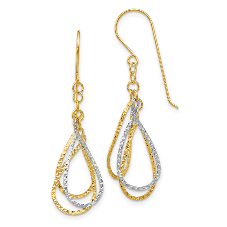 14K Two-tone Diamond-cut Teardrops Dangle French Hook Earrings