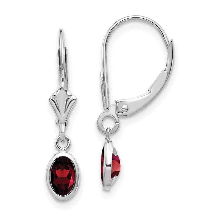 14k White Gold 6x4 Oval Bezel January/Garnet Leverback Earrings