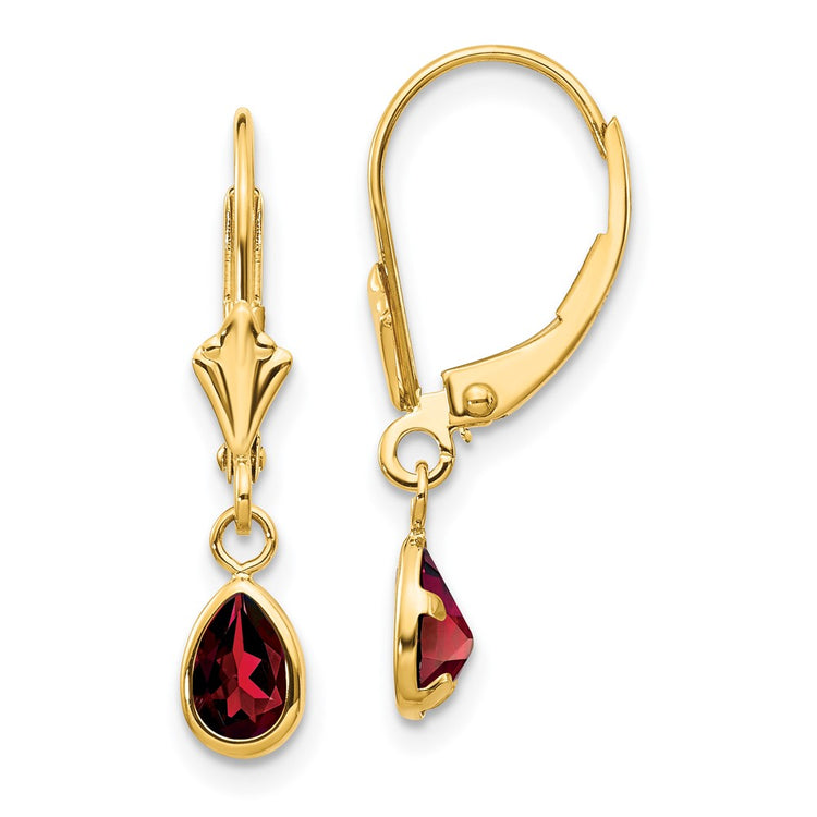 14k 6x4mm Pear Bezel January/Garnet Leverback Earrings