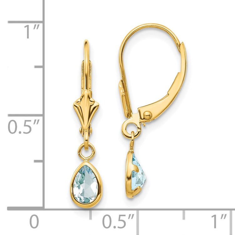 14k 6x4mm Pear Bezel March/Aquamarine Leverback Earrings