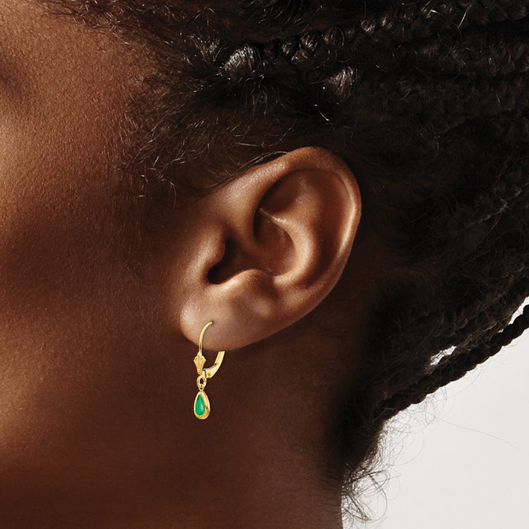 14k 6x4mm Pear Bezel May/Emerald Leverback Earrings