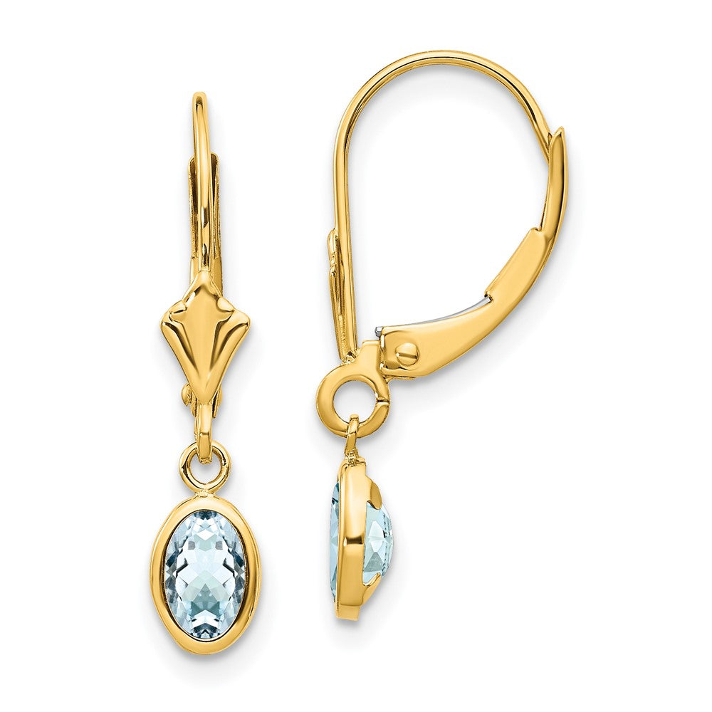 14k 6x4 Oval Bezel March/Aquamarine Leverback Earrings