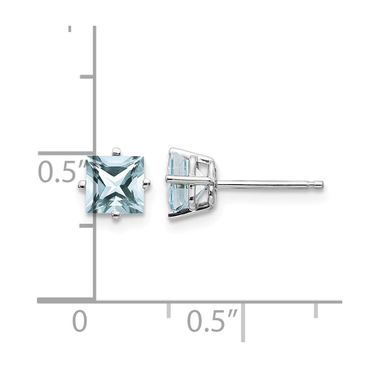 14K White Gold 5mm Princess Aquamarine Post Earrings Stud 0.53 Grams For Women, Womens