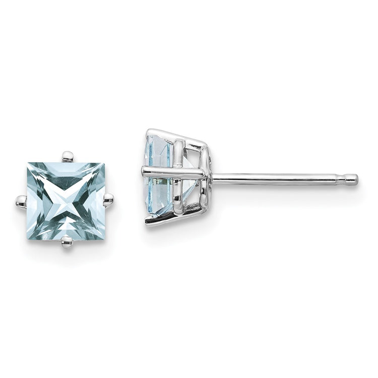 14k White Gold 5mm Princess Aquamarine Post Earrings
