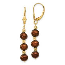 14k 5-6mm Brown Semi-Round Freshwater Cultured Pearl Dangle Leverback Earrings
