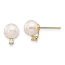 14k 6-7mm White Round Akoya Saltwater Cultured Pearl and 1/20 Carat Diamond Post Earrings