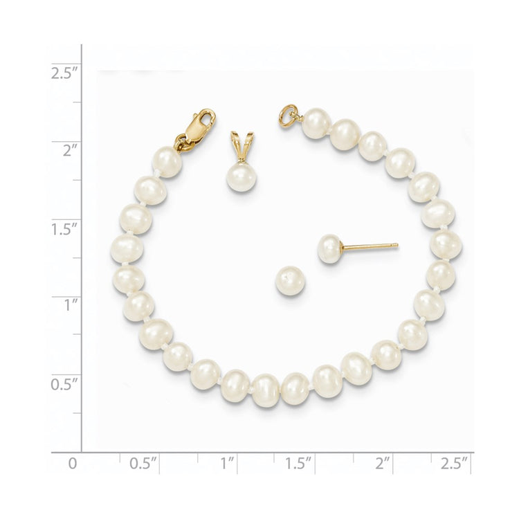 14k 4-5mm White Freshwater Cultured Pearl Pendant/5 inch Bracelet/Post Earrings 3-piece Set
