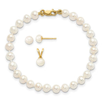 14k 4-5mm White Freshwater Cultured Pearl Pendant/5 inch Bracelet/Post Earrings 3-piece Set