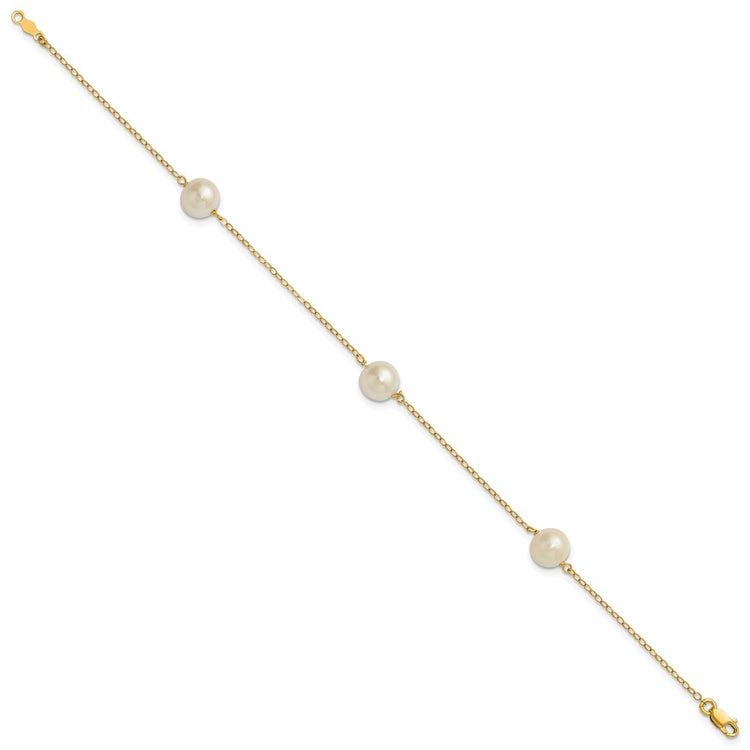 14k 7-8mm White Near-Round Freshwater Cultured Pearl 3-Station 7.25 inch Bracelet
