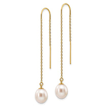 14k 7-8mm White Rice Freshwater Cultured Pearl Dangle Threader Earrings