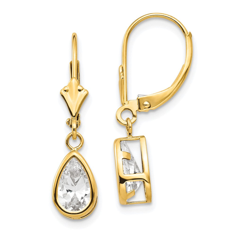 14k 8x5mm Pear Cubic Zirconia Bezel Leverback Dangle Earrings