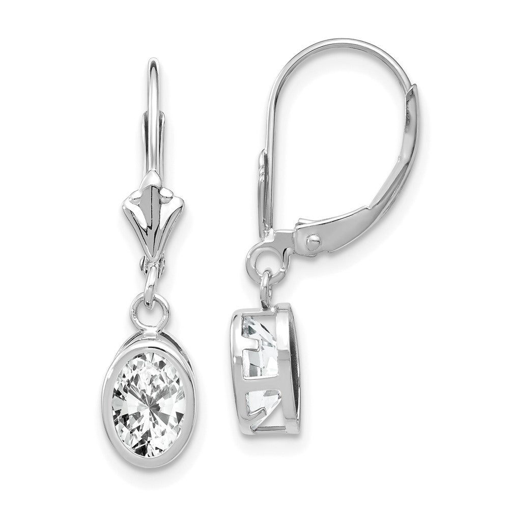 14k White Gold 7x5mm Oval Cubic Zirconia Bezel Leverback Dangle Earrings
