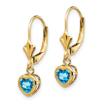 14k 5mm Heart Blue Topaz Bezel Leverback Dangle Earrings