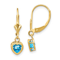 14k 5mm Heart Blue Topaz Bezel Leverback Dangle Earrings
