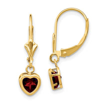 14k 5mm Heart Garnet Bezel Leverback Dangle Earrings