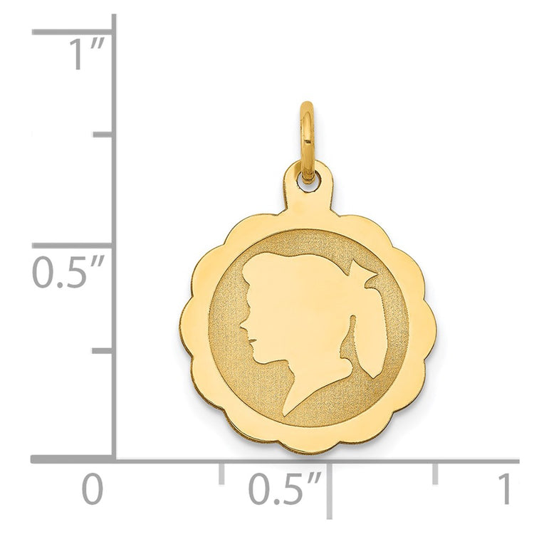 14k Girl Head on .009 Gauge Engravable Scalloped 17x15mm Disc Charm