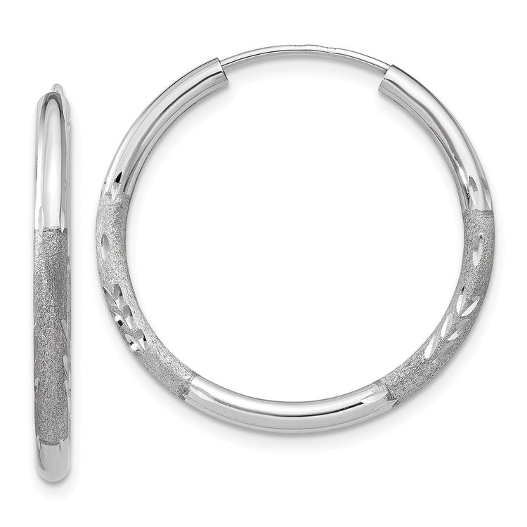 14k White Gold 2x20mm Satin Diamond-cut Endless Tube Hoop Earrings