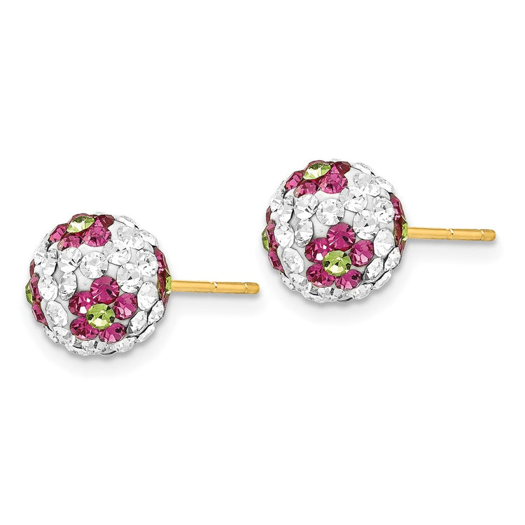 14k 8mm Pink/White/Green Crystal Flowers Round Ball Post Earrings